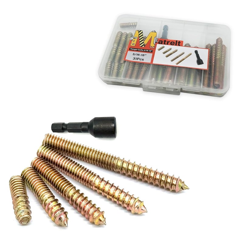 Matrelt 31 Pack 5/16-18" Hanger Bolts 5Sizes 1-3 Inch Include1 pcs Hanger Bolt Driver Double Headed Bolts Wood Dowel Screw Self-Tapping Screw Hanger Bolt for Furniture Screws Wood Screws Double Threaded - Image 1